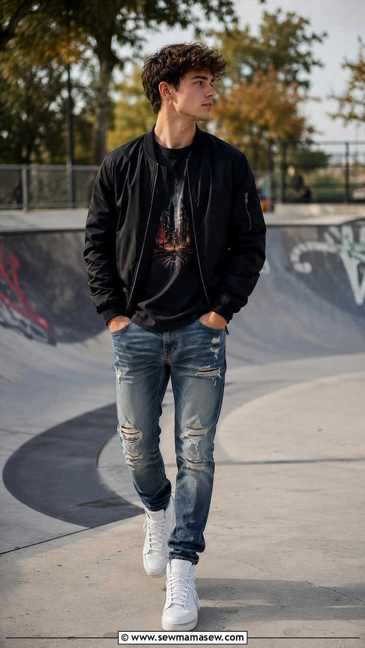 Graphic Tee with Bomber Jacket and Distressed Jeans - 30 Senior photo outfit ideas for guys