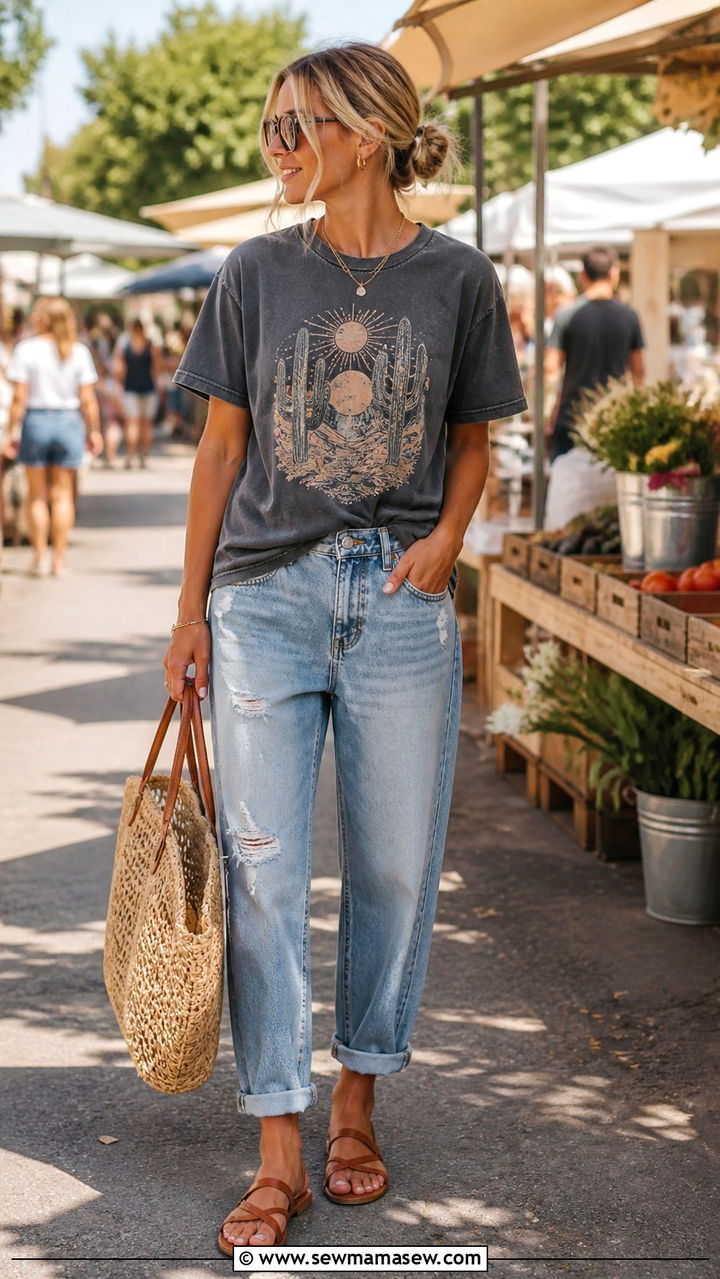 Graphic Tee with Boyfriend Jeans and Flat Sandals - 40 casual graphic tee outfits