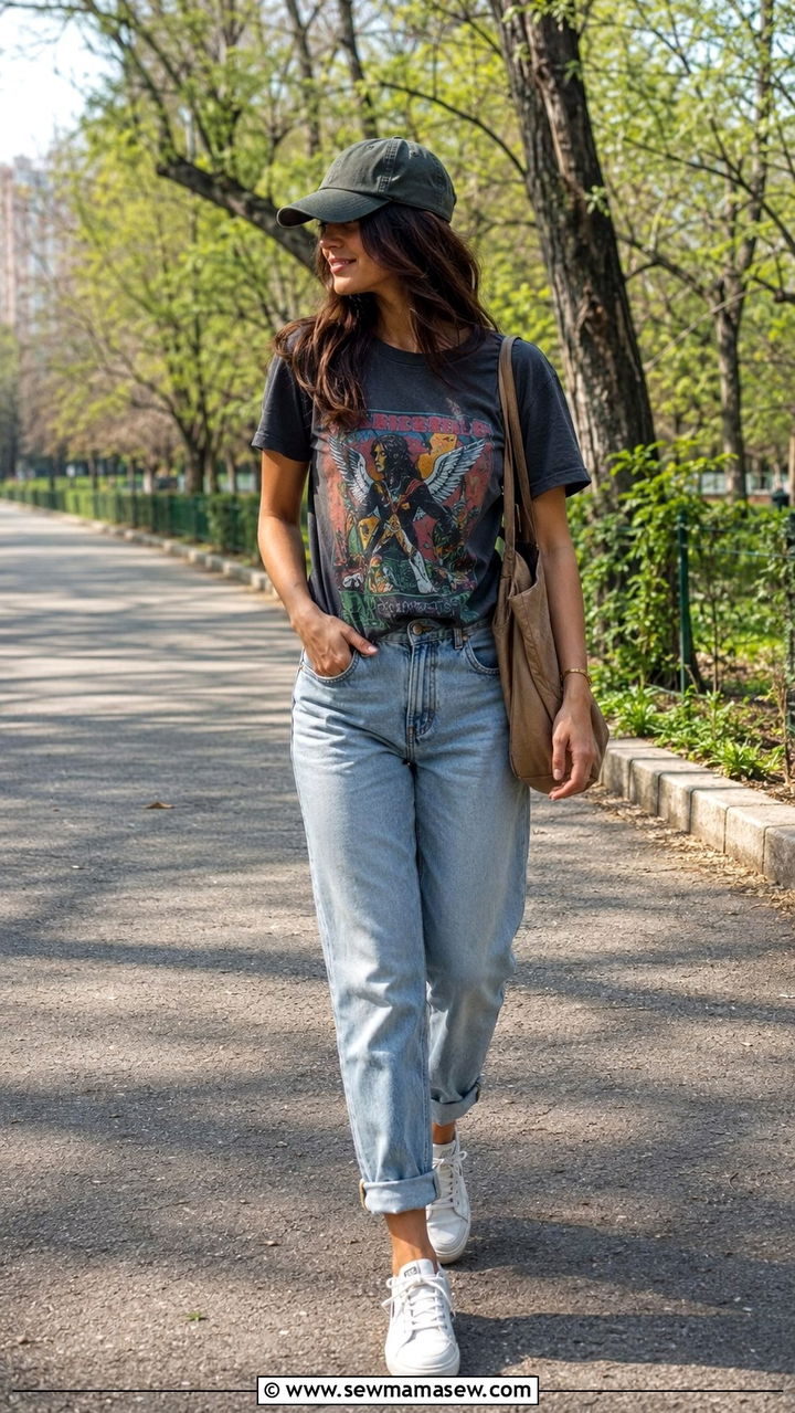 Graphic Tee with Boyfriend Jeans and Sneakers - 30 Spring outfits with jeans