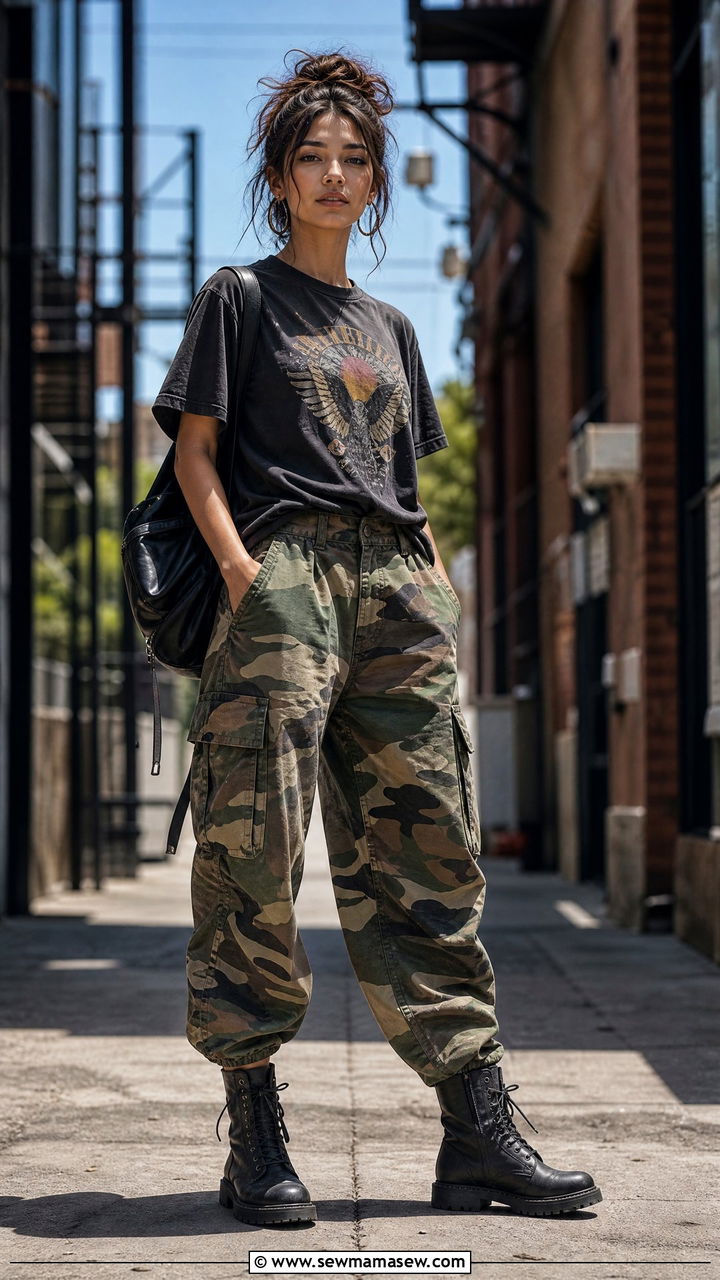 Graphic Tee with Camo Cargo Pants and Combat Boots - 30 summer cargo pants outfit ideas