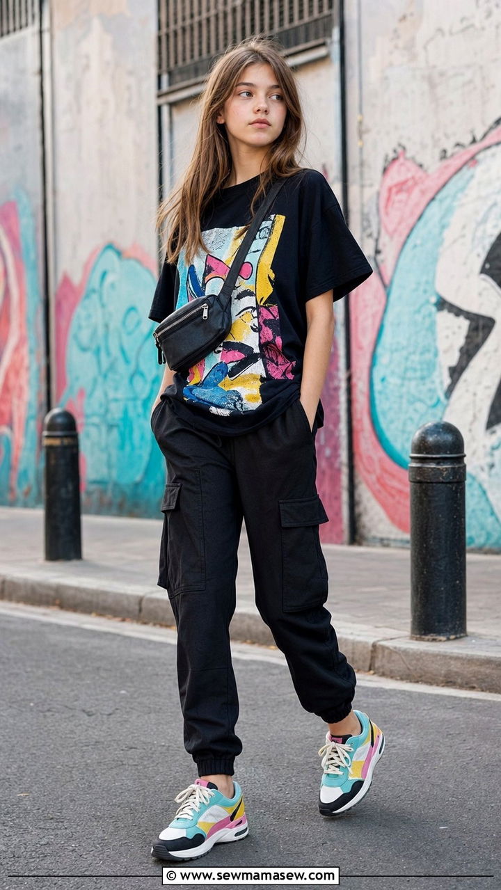 Graphic Tee with Cargo Joggers and Retro Running Sneakers - 35 Back to school outfit ideas for teens 2026