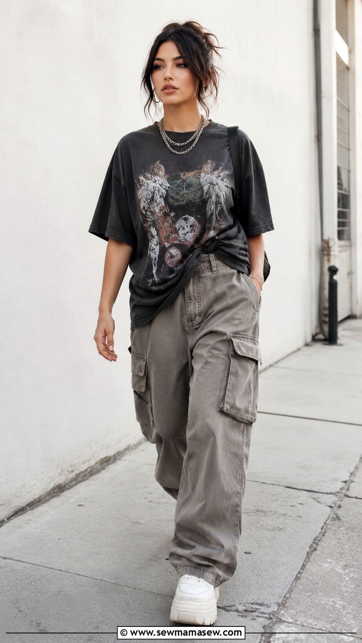 Graphic Tee with Cargo Pants - 20 outfit ideas for women with big bust
