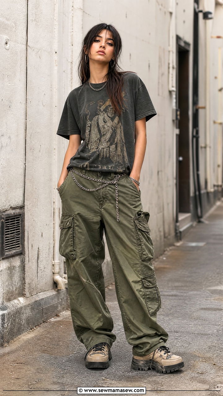 Graphic Tee with Cargo Pants and Chain Belt - 35 grunge outfit ideas for women
