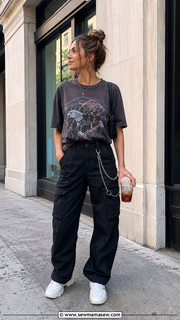 Graphic Tee with Cargo Pants and Chunky Sneakers - 30 casual grunge outfits