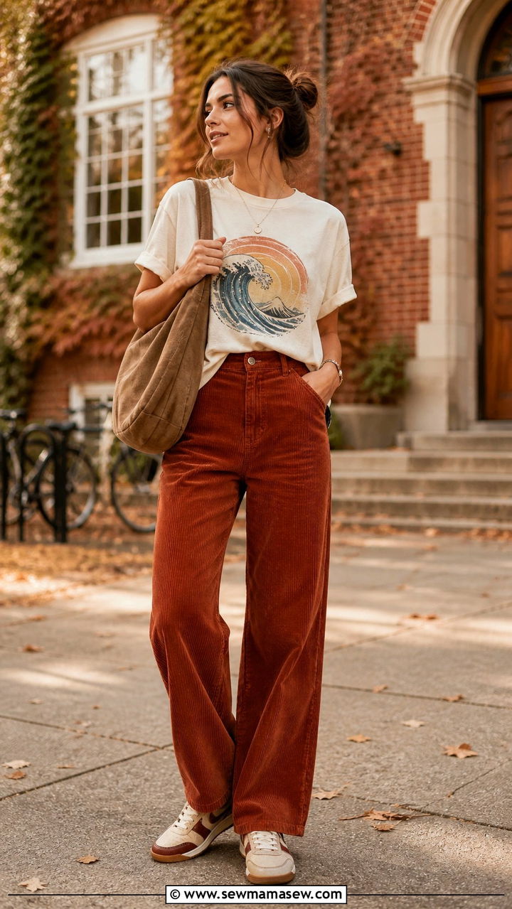 Graphic Tee with Corduroy Pants and Retro Sneakers - 40 casual graphic tee outfits