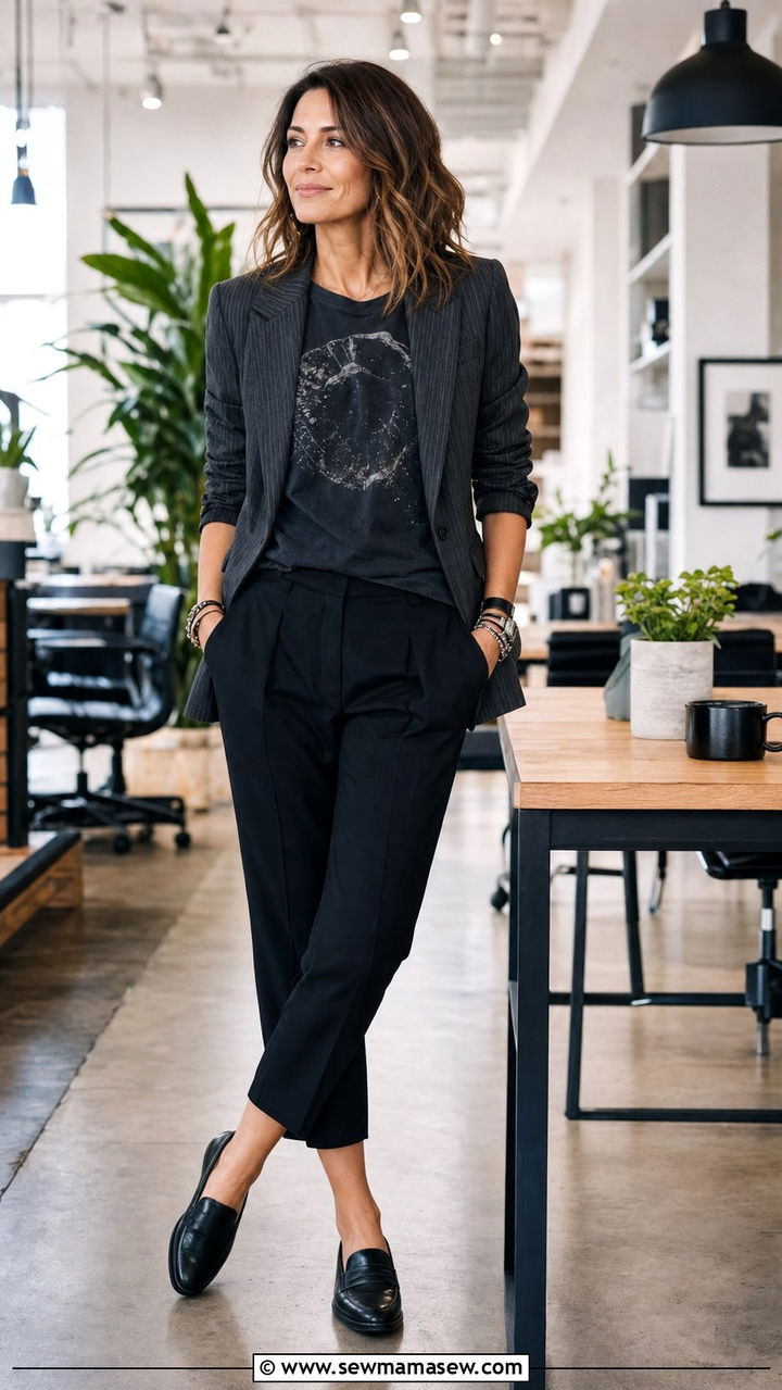 Graphic Tee with Cropped Pants and Blazer - 25 edgy outfit ideas for women over 40