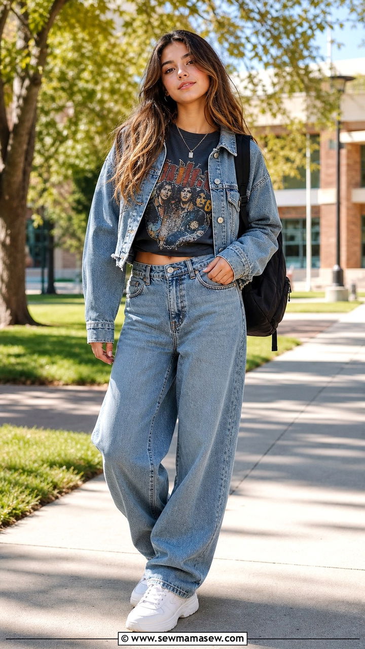 Graphic Tee with Denim Jacket and Baggy Jeans - 40 back to school outfits ideas