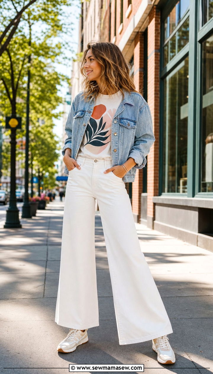 Graphic Tee with Denim Jacket and White Pants - 25 Early March outfit ideas