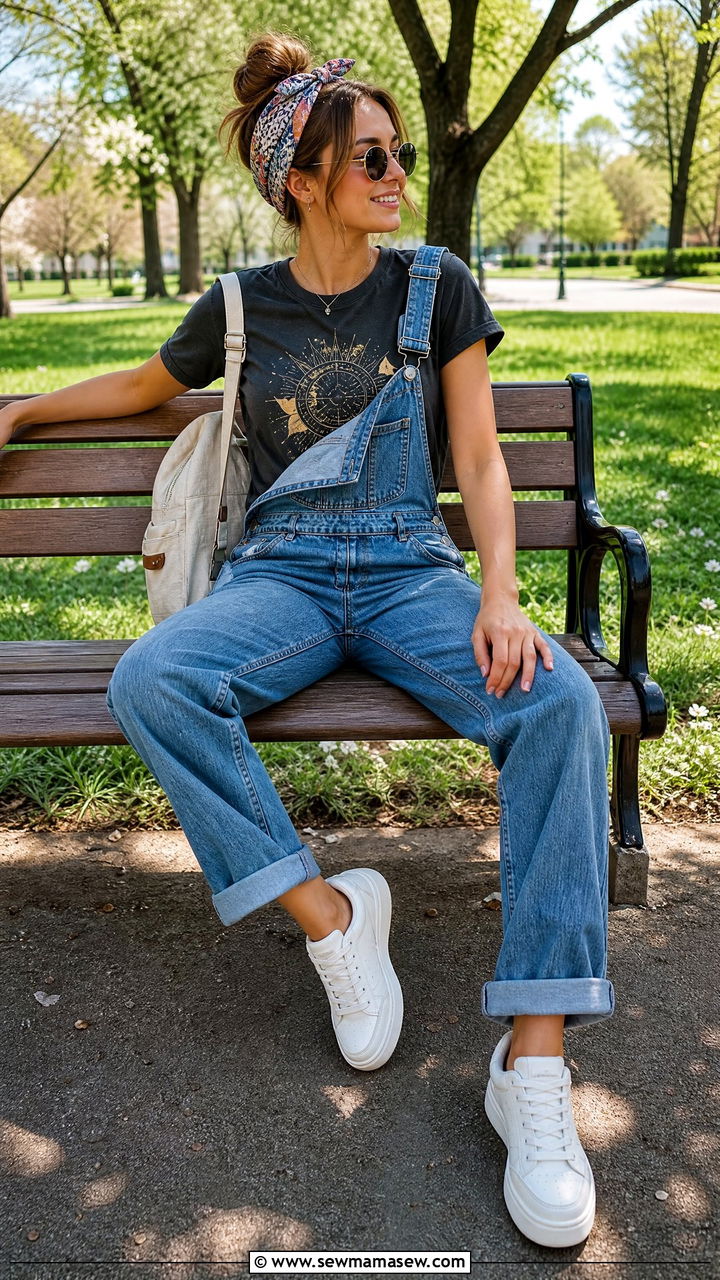 Graphic Tee with Denim Overalls and Sneakers - 25 Graphic t-shirt outfit ideas 2026