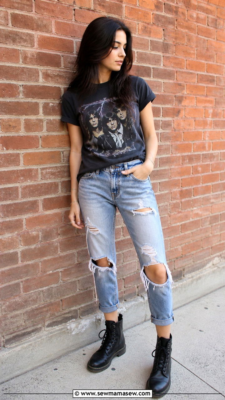 Graphic Tee with Distressed Jeans and Combat Boots - 40 casual jeans outfits