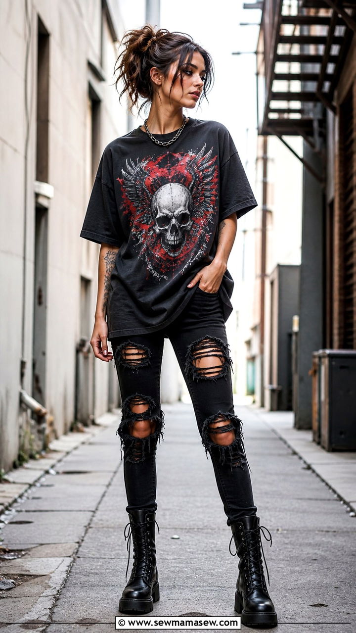 Graphic Tee with Distressed Jeans and Combat Boots - 40 casual graphic tee outfits