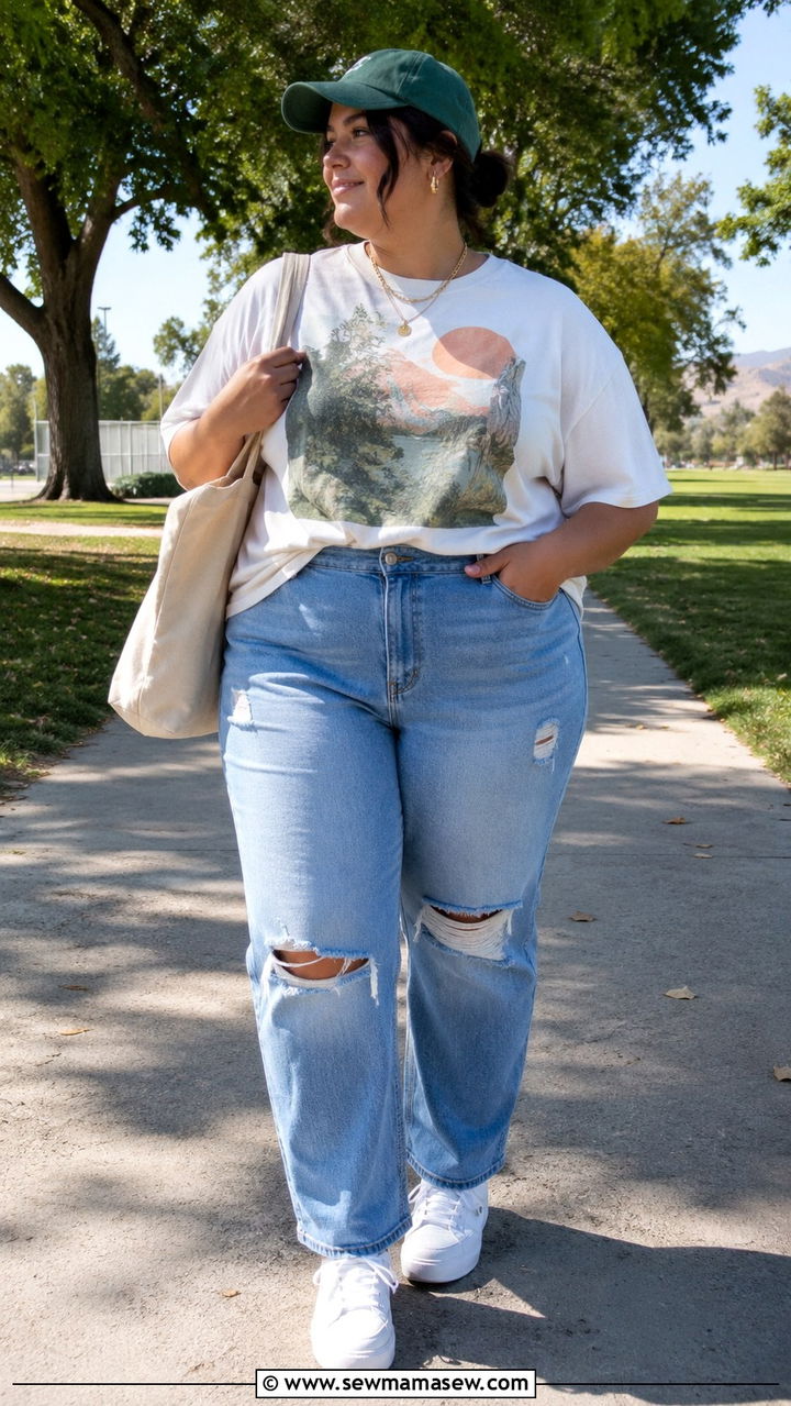 Graphic Tee with Distressed Straight Leg Jeans - 25 Plus size outfit ideas for 14-16
