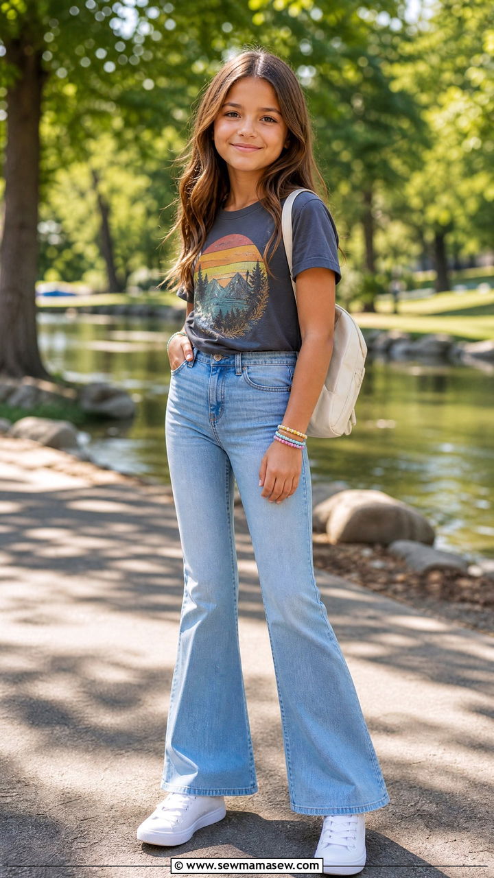 Graphic Tee with Flare Jeans and White Sneakers - 25 Tween outfit ideas for 10 year olds