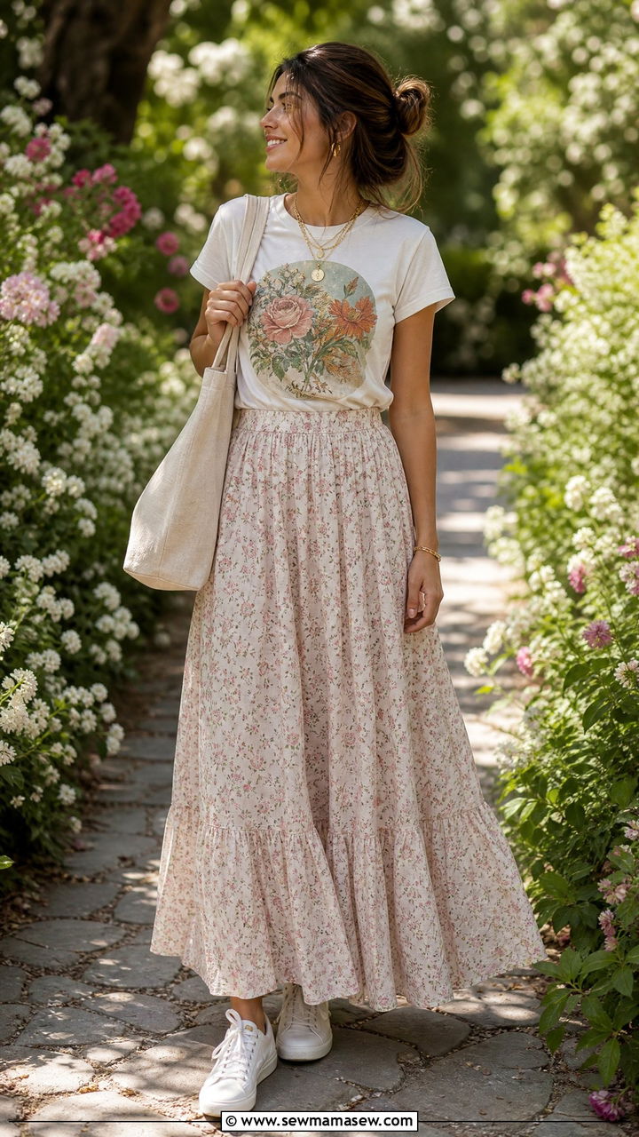 Graphic Tee with Flowy Maxi Skirt and Sneakers - 25 Graphic t-shirt outfit ideas 2026