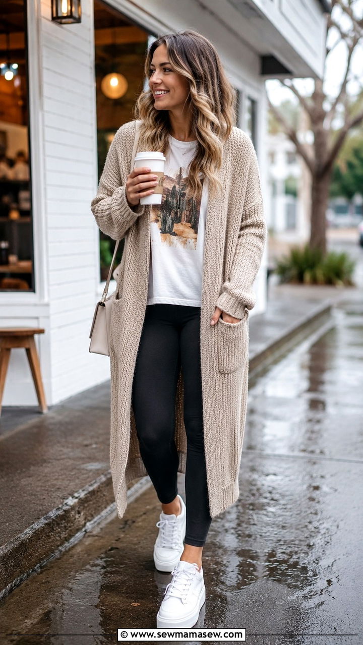 Graphic Tee with Long Cardigan and White Sneakers - 20 rainy day outfits 2026