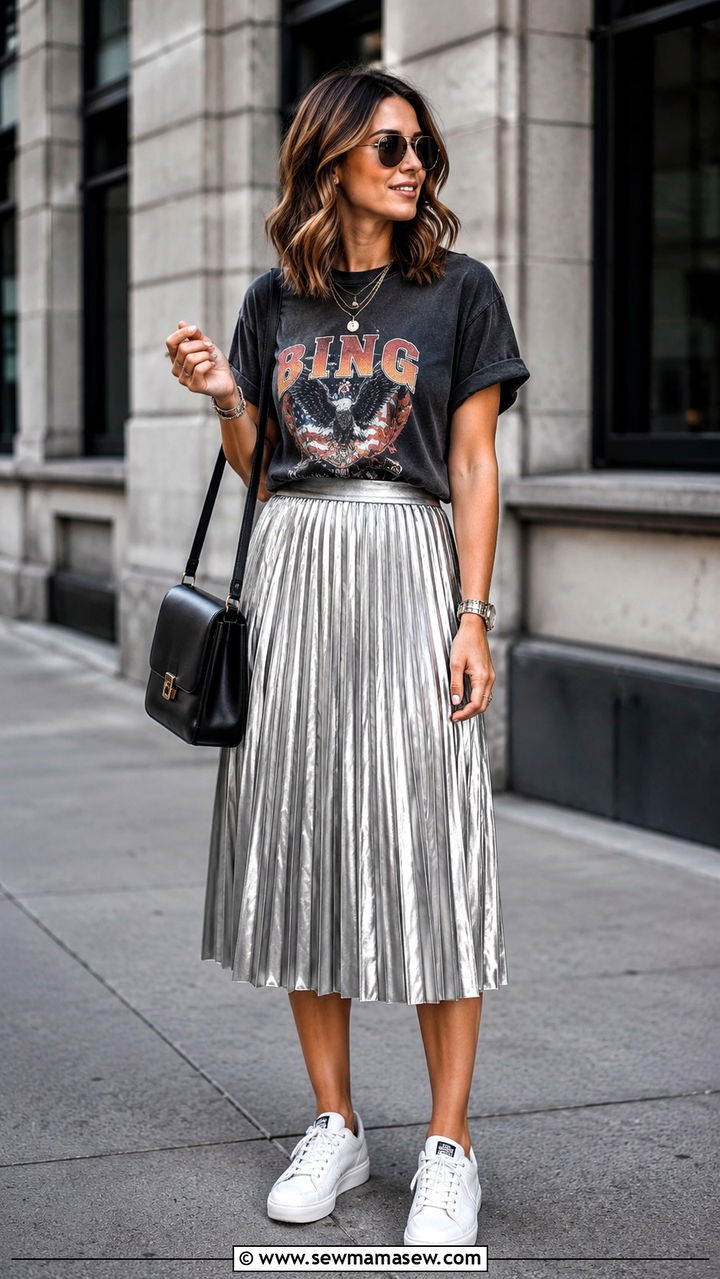 Graphic Tee with Metallic Pleated Midi Skirt - 30 Midi skirt outfit ideas with a tee