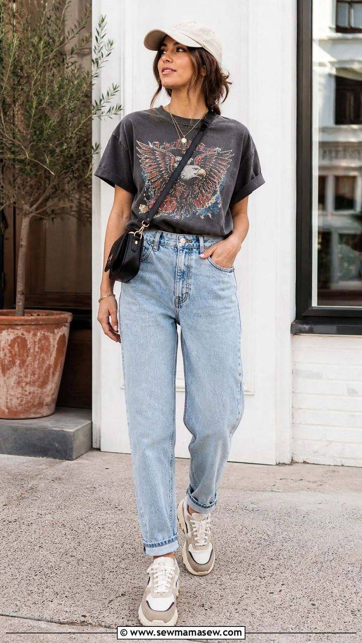 Graphic Tee with Mom Jeans and Chunky Sneakers - 40 jeans outfit ideas for women