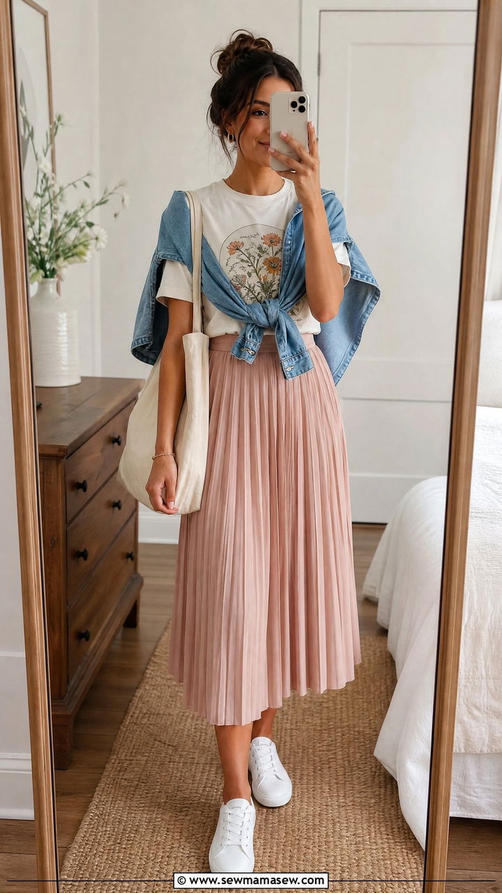 Graphic Tee with Pleated Midi Skirt - 30 summer picnic outfit ideas