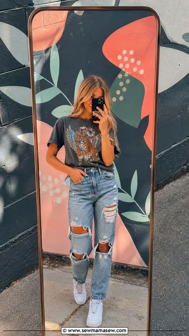 Graphic Tee with Ripped Jeans and Sneakers - 30 Spring senior photo outfits