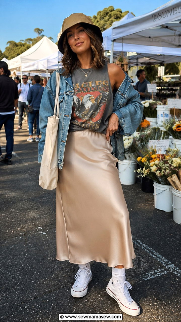 Graphic Tee with Satin Slip Skirt and Denim Jacket - 25 transitional vacation outfit ideas