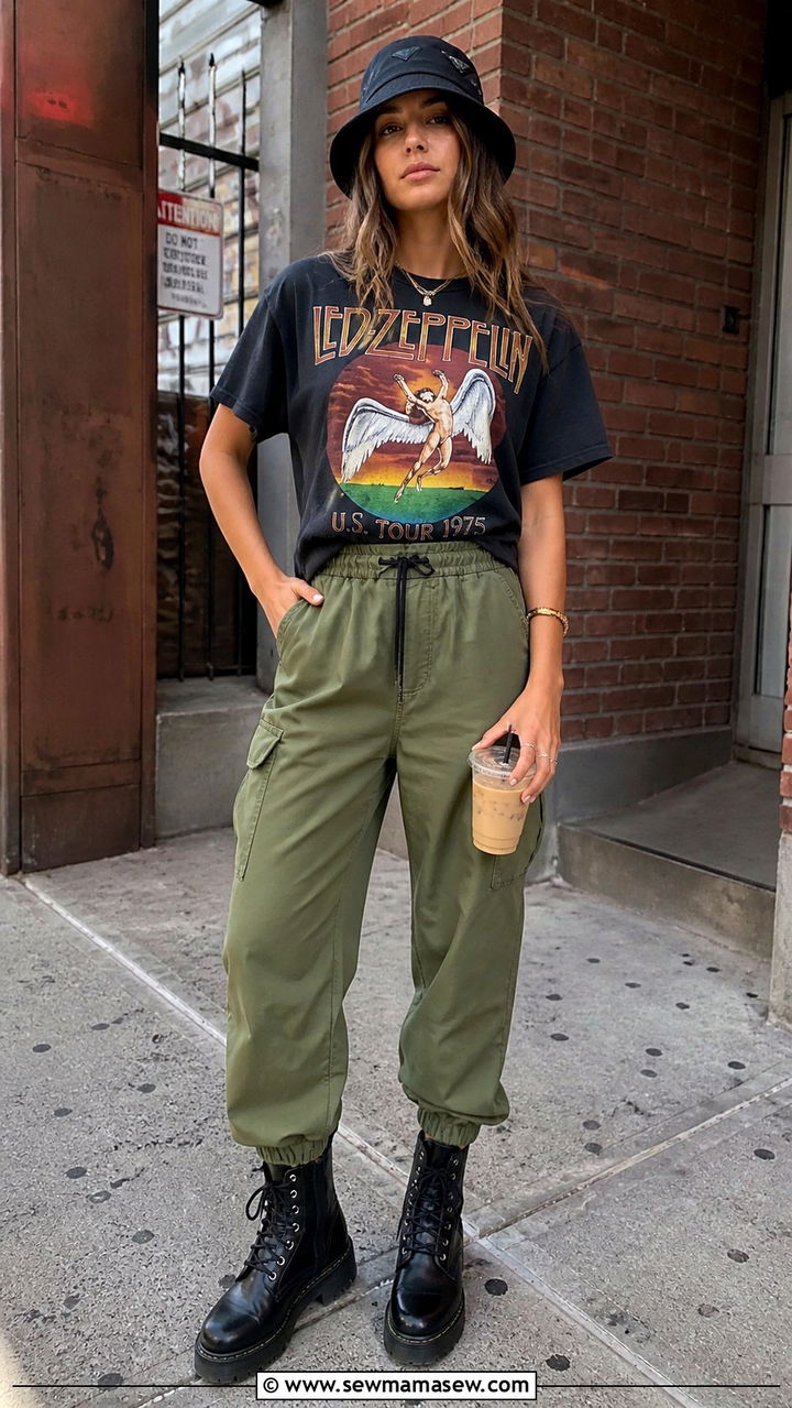Graphic Tee with Utility Pants and Bucket Hat - 40 rainy day outfits