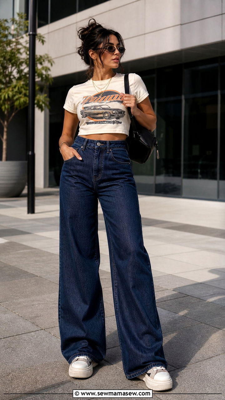 Graphic Tee with Wide Leg Jeans and Platform Sneakers - 40 casual graphic tee outfits