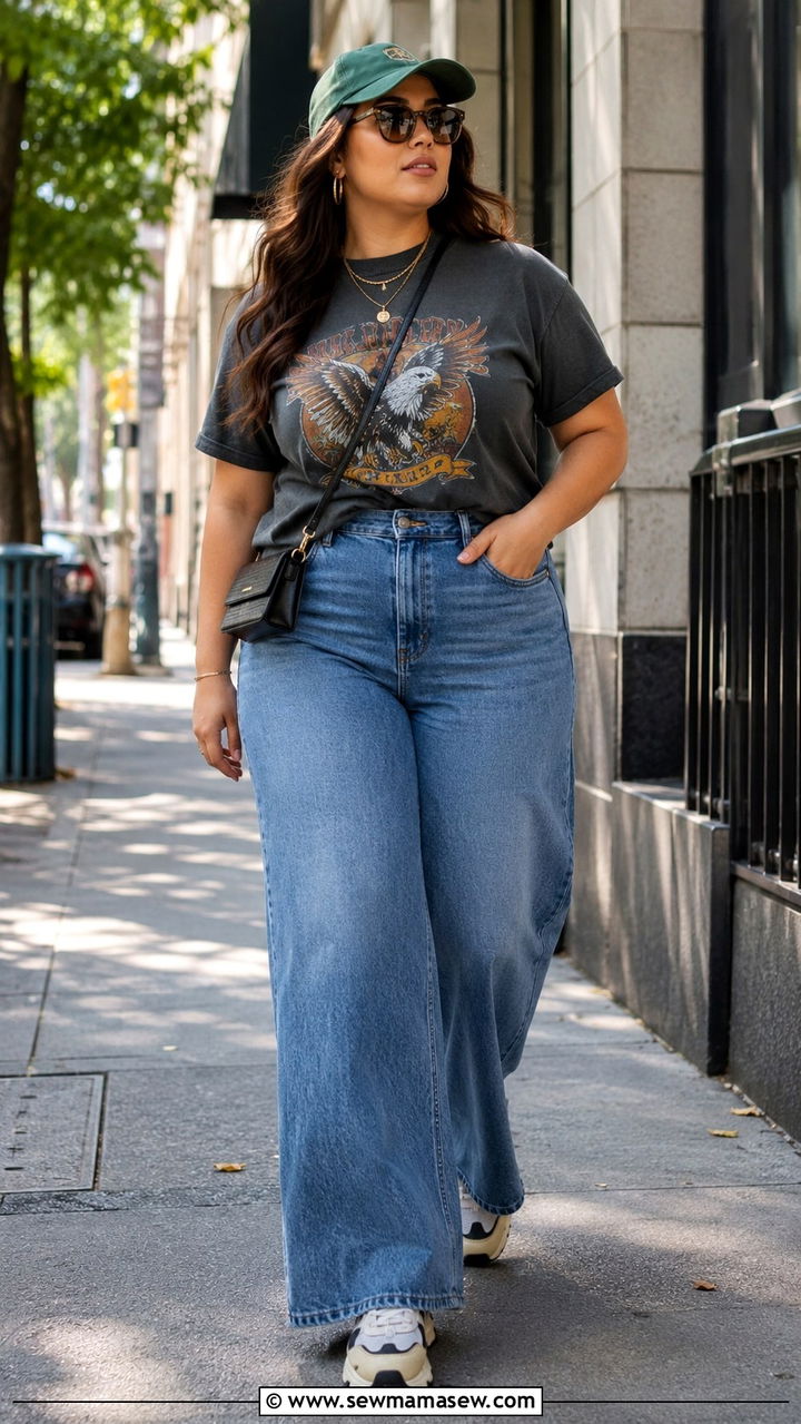 Graphic Tee with Wide Leg Jeans and Sneakers - 30 casual outfits for midsize women
