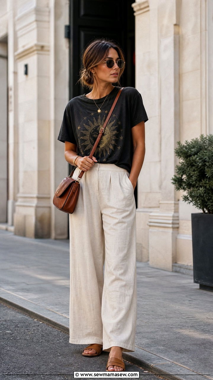 Graphic Tee with Wide Leg Linen Pants and Slide Sandals - 30 summer outfit ideas inspo