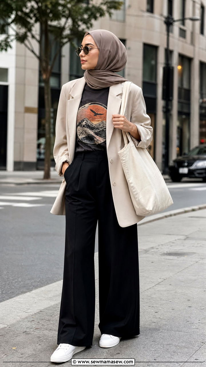 Graphic Tee with Wide Leg Pants and Long Blazer - 25 casual outfits for hijab women