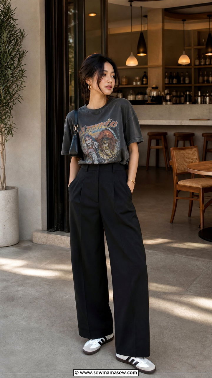 Graphic Tee with Wide Leg Trousers and Retro Sneakers - 30 streetwear outfits to copy