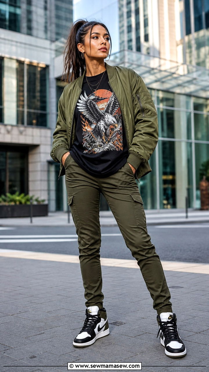 Graphic Tee with a Bomber Jacket and Cargo Pants - 40 casual graphic tee outfits