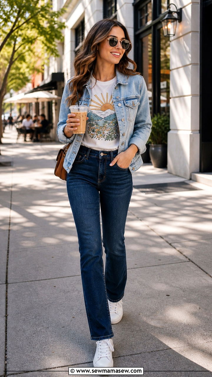 Graphic Tee with a Denim Jacket and Jeans - 40 casual graphic tee outfits