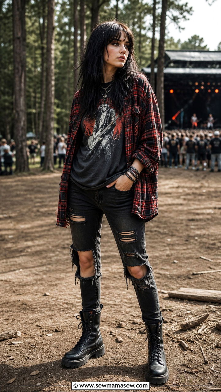 Graphic Tee with a Flannel Shirt and Ripped Jeans - 40 casual graphic tee outfits