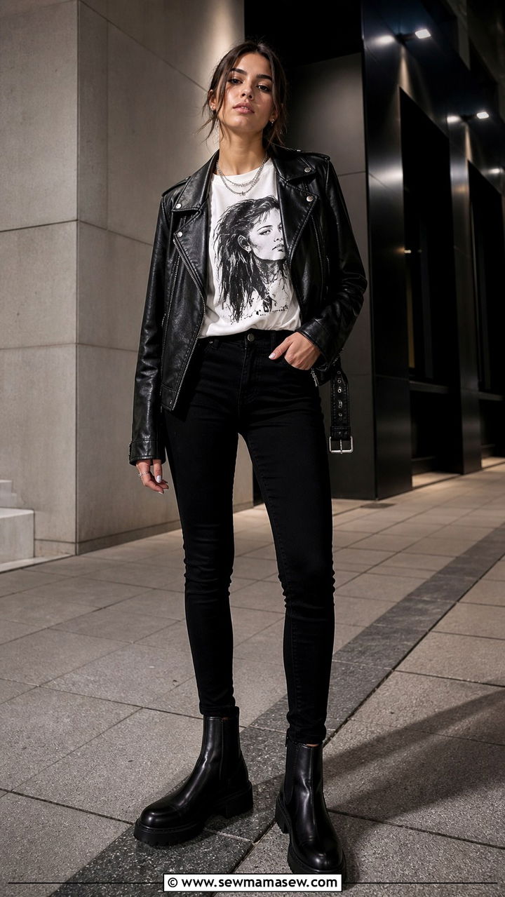Graphic Tee with a Leather Jacket and Black Pants - 40 casual graphic tee outfits