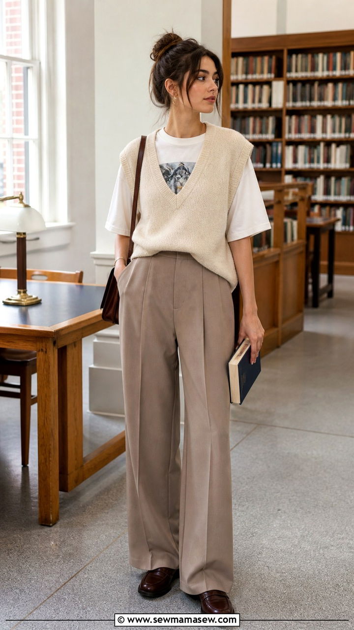 Graphic Tee with a Sweater Vest and Trousers - 40 casual graphic tee outfits