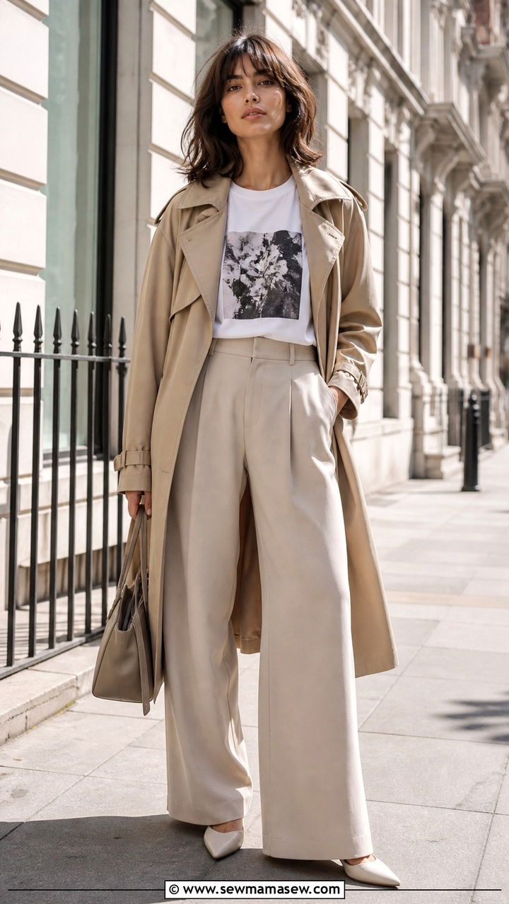 Graphic Tee with a Trench Coat and Wide Leg Pants - 40 casual graphic tee outfits