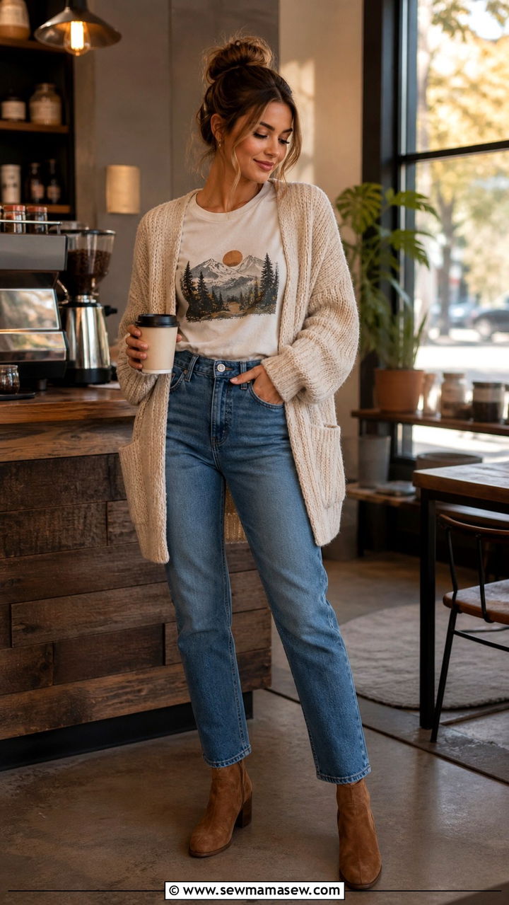 Graphic Tee with an Oversized Cardigan and Jeans - 40 casual graphic tee outfits