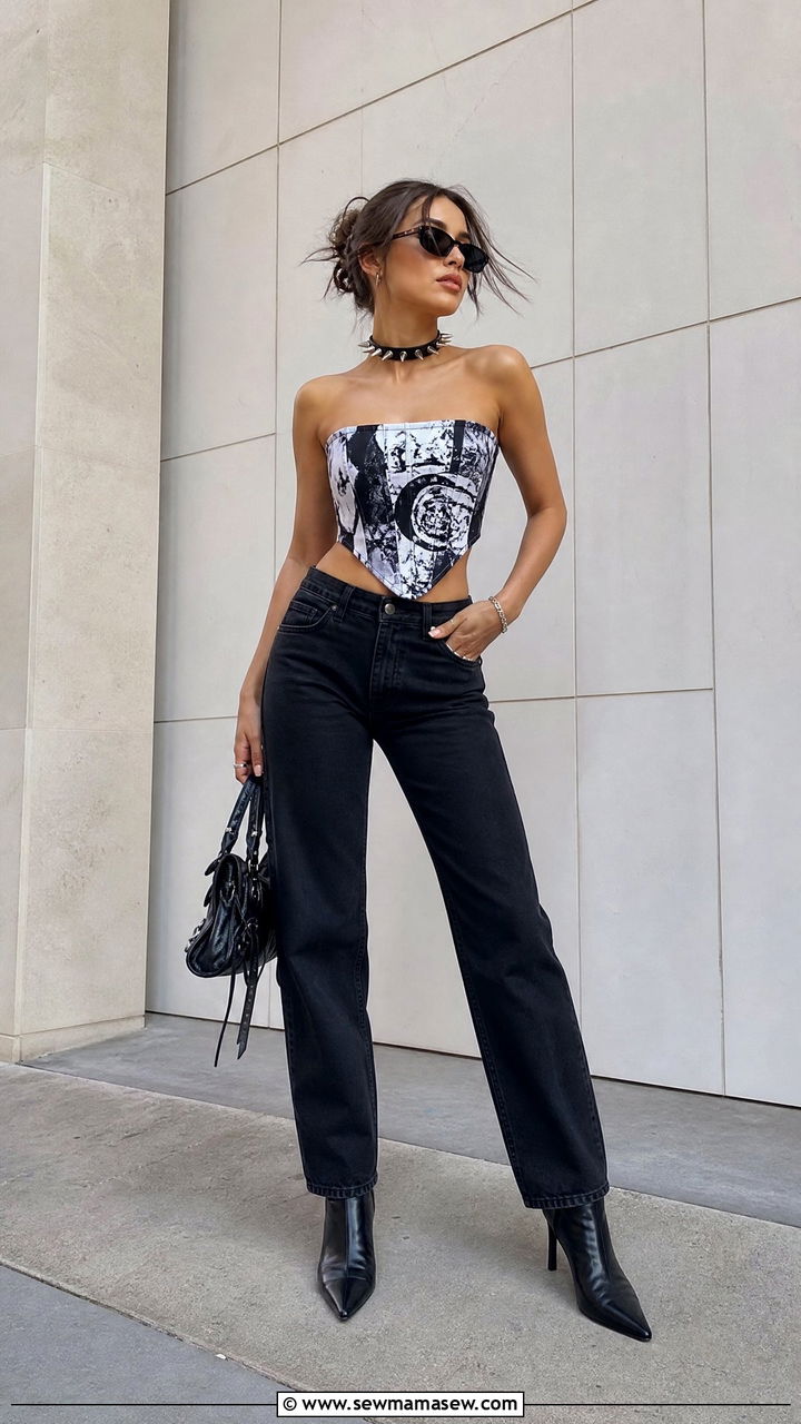 Graphic Tube Top and Spiked Choker Outfit - 30 Edgy summer outfits