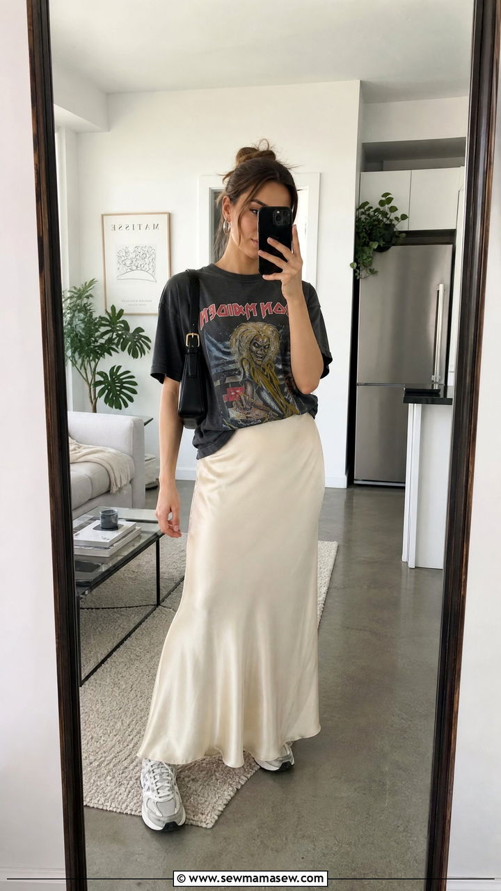 Graphic band tee with a silk bias cut skirt and chunky dad sneakers outfit - 20 Spring outfits for 80 degree weather