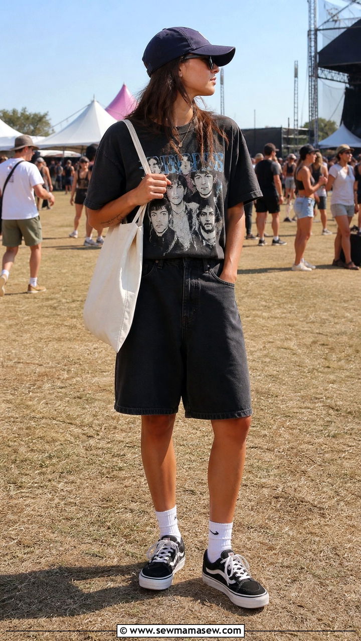 Graphic band tee with baggy jorts - 40 Hot weather festival outfit ideas