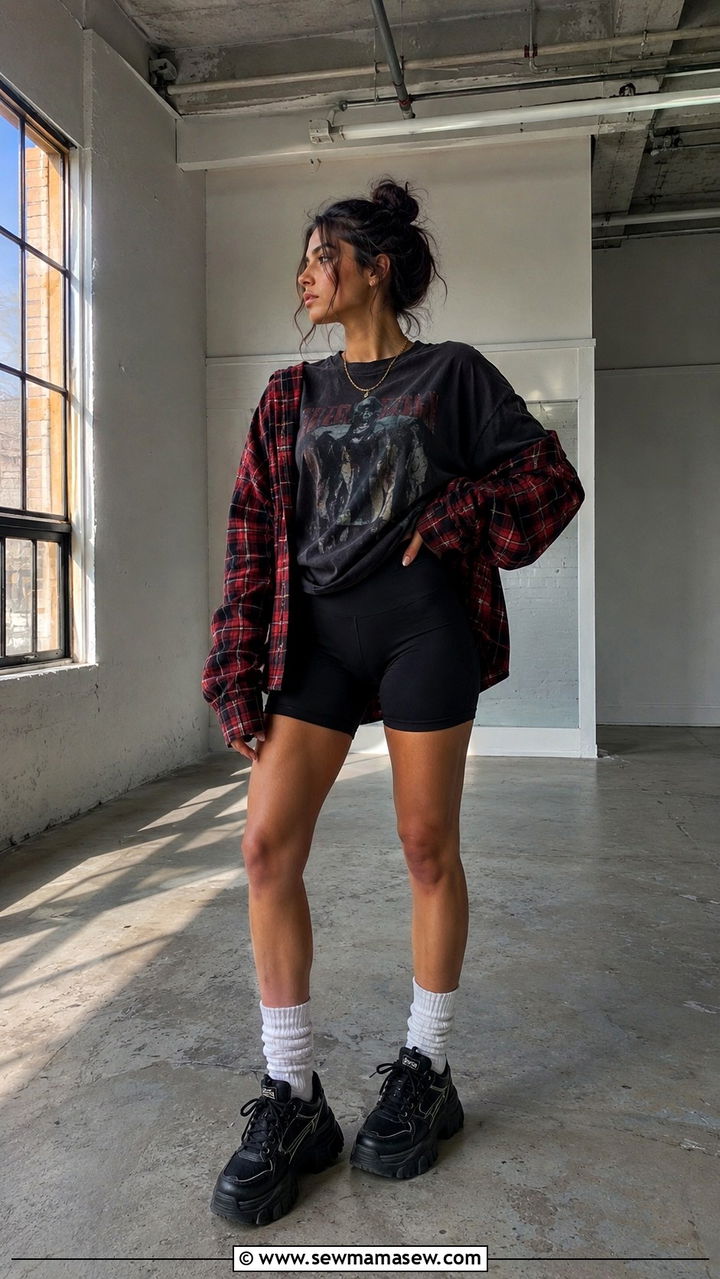 Graphic band tee with black biker shorts and flannel - 25 Aesthetic gym outfit ideas