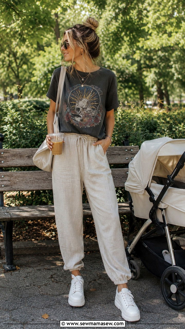 Graphic cotton tee with loose linen joggers and platform sneakers - 30 Postpartum outfit ideas summer