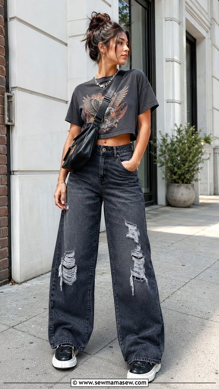 Graphic crop tee with distressed wide leg denim - 25 Wide leg pants outfit ideas with a crop top