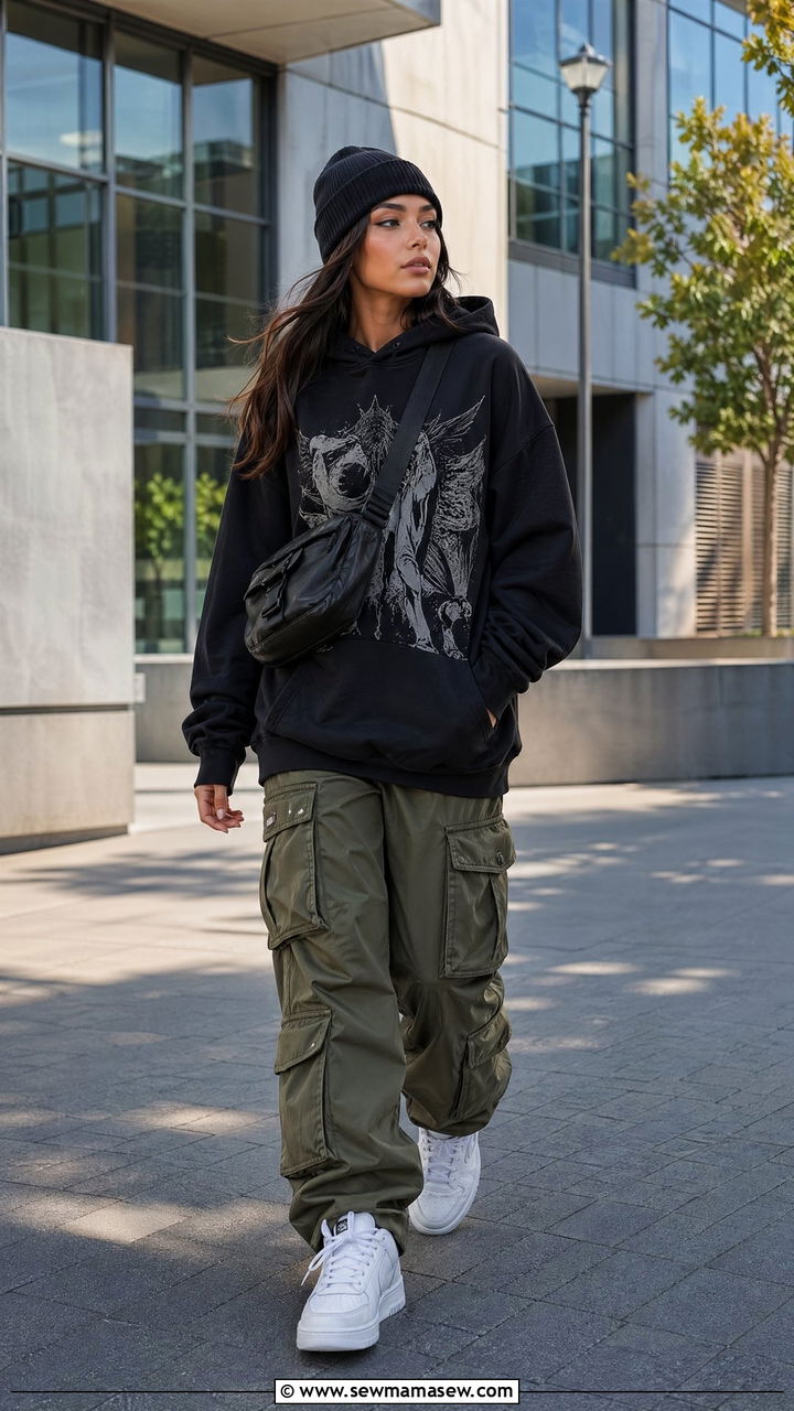 Graphic hoodie and cargo pants streetwear outfit - 35 First day of college outfit ideas