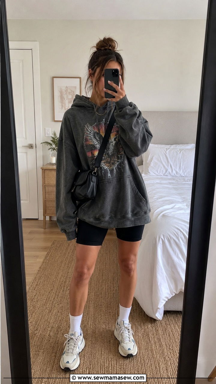 Graphic hoodie with biker shorts and crew socks - 30 grunge outfits to copy