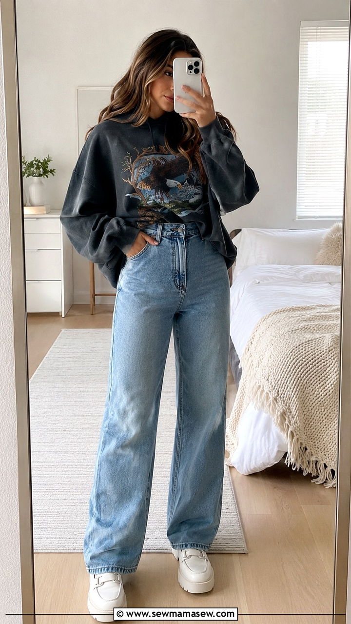 Graphic hoodie with high waisted baggy jeans and loafers - 30 High waisted jeans outfit ideas with loafers