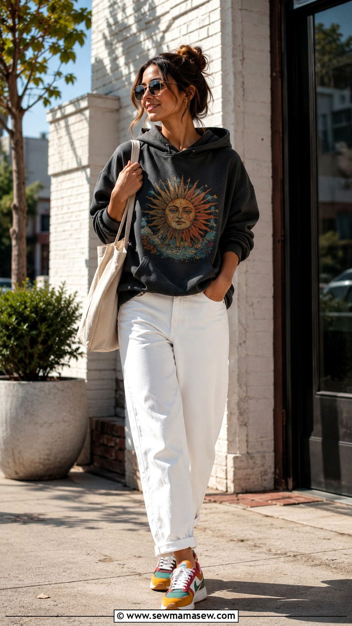 Graphic hoodie with white jeans and colorful sneakers - 30 Hoodie outfit ideas for women 2026