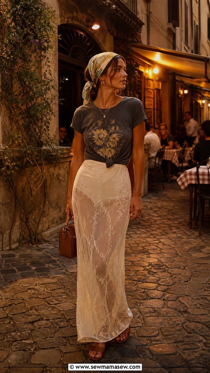 Graphic knotted tee with sheer maxi skirt - 40 Summer Italy outfit ideas