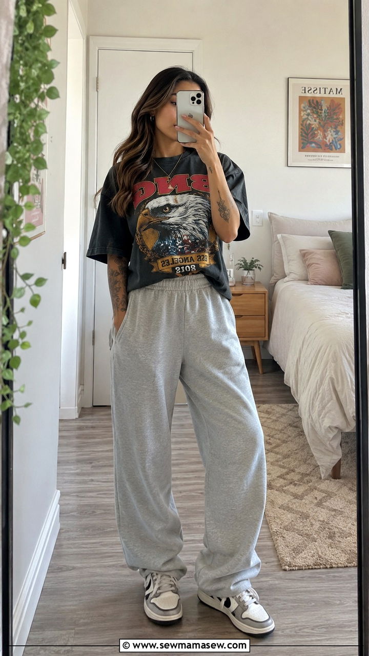 Graphic oversized tee with baggy joggers - 30 Gym outfit ideas 2026