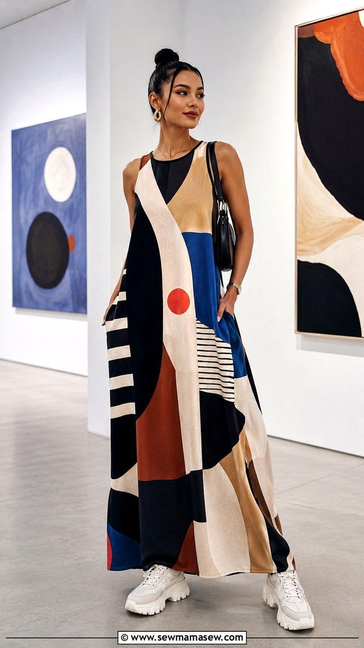 Graphic print maxi dress with chunky sneakers - 30 Maxi dress with sneakers outfit ideas